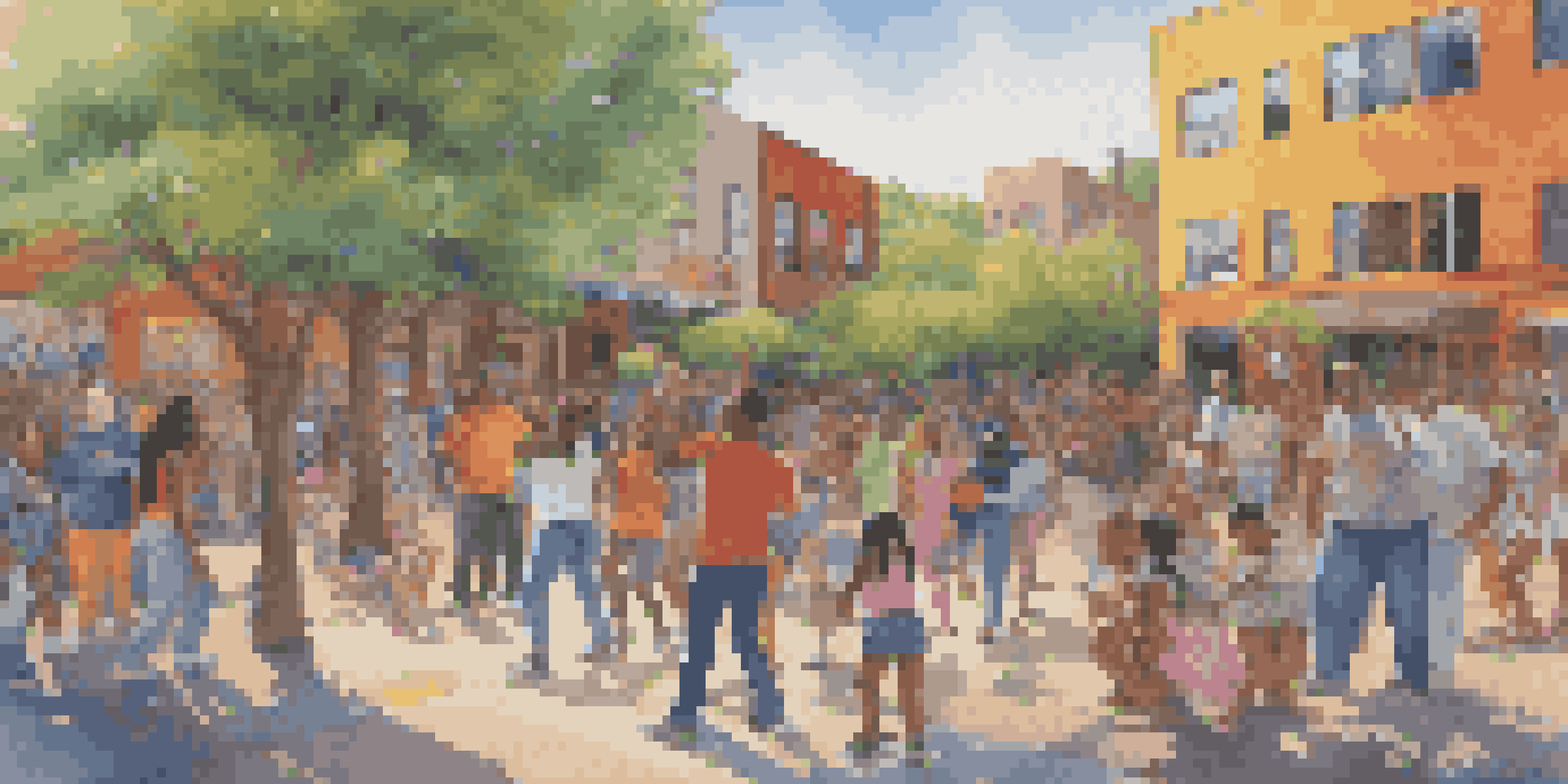 A colorful mural featuring diverse people engaged in various forms of art, surrounded by bright urban scenery and dappled sunlight.