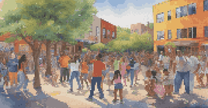 A colorful mural featuring diverse people engaged in various forms of art, surrounded by bright urban scenery and dappled sunlight.