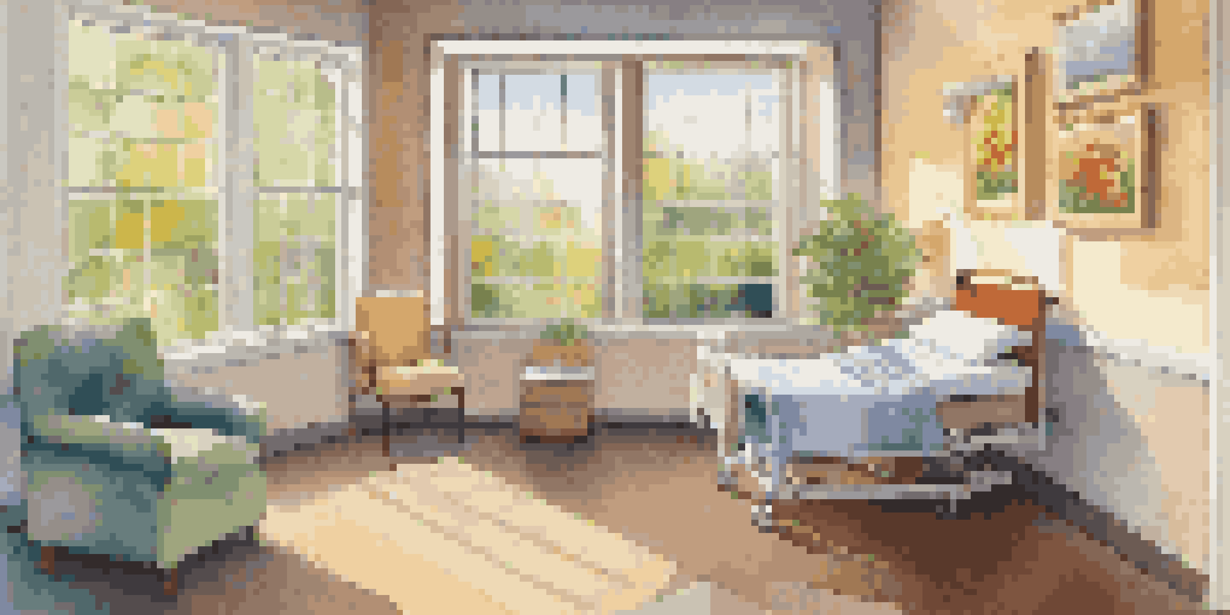 A patient room in a healthcare setting decorated with colorful paintings and a patient engaged in art-making, with a healthcare professional present.
