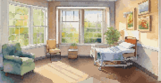 A patient room in a healthcare setting decorated with colorful paintings and a patient engaged in art-making, with a healthcare professional present.
