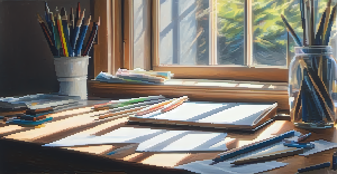 A workspace with a wooden table, drawing tools, and a blank paper showing soft pastel marks, illuminated by sunlight.