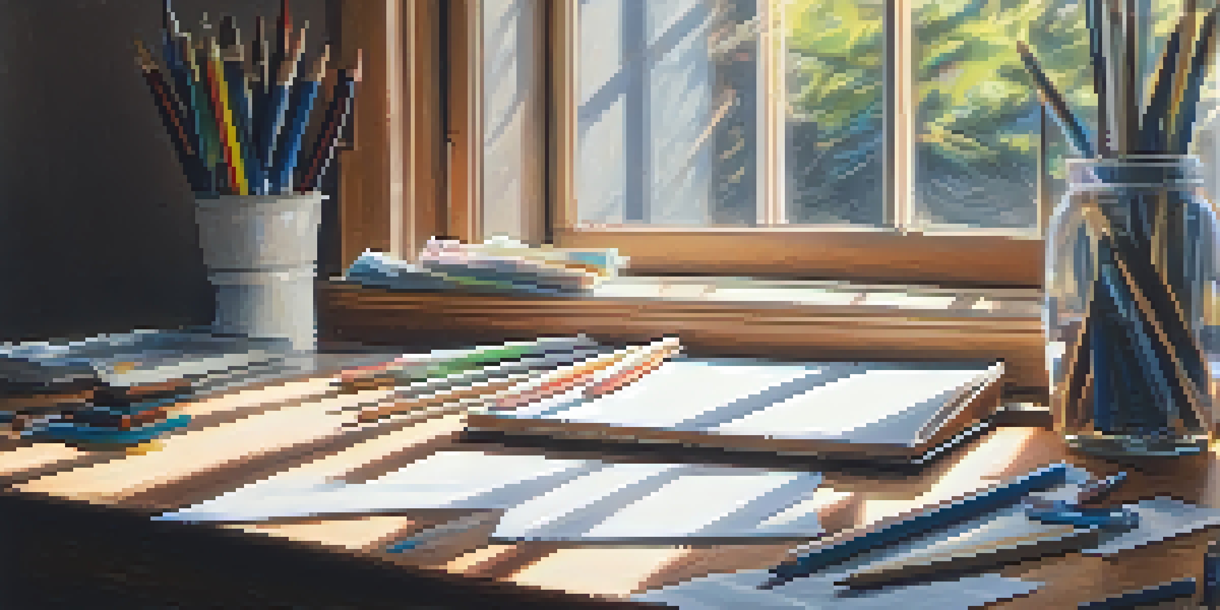A workspace with a wooden table, drawing tools, and a blank paper showing soft pastel marks, illuminated by sunlight.