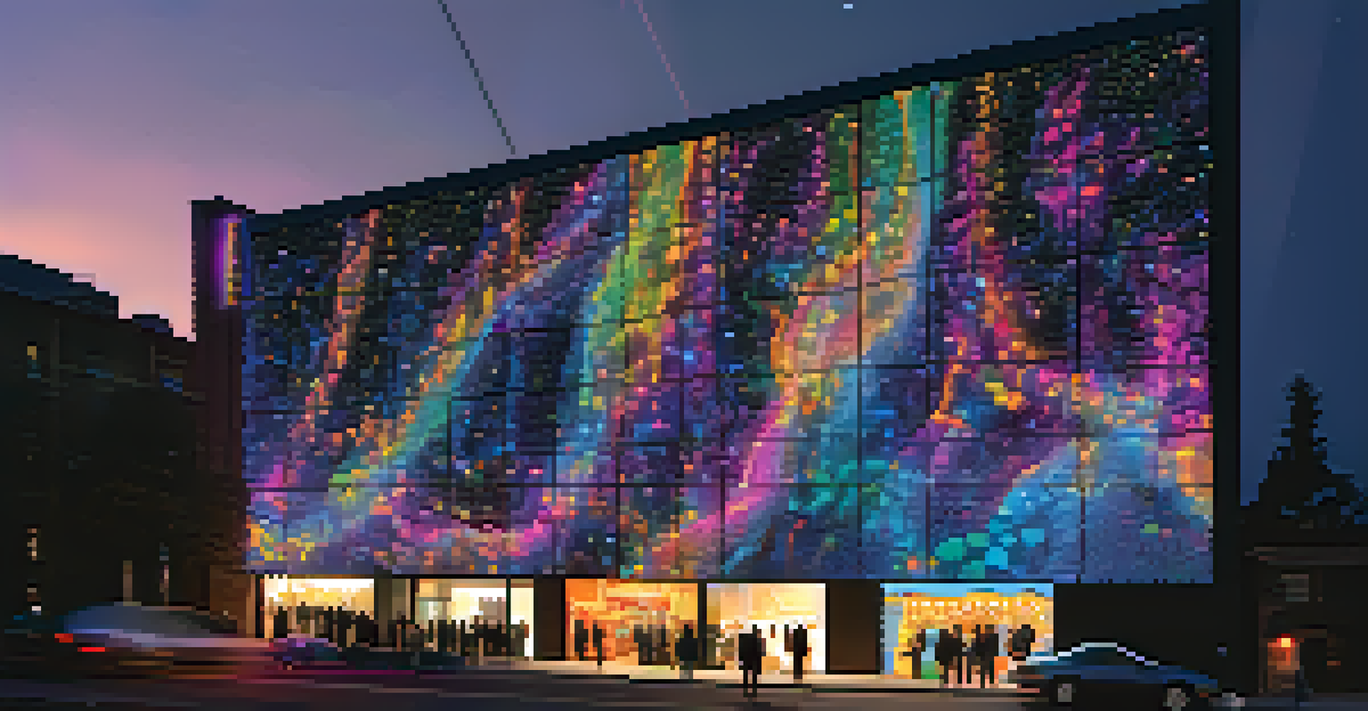 A vibrant digital art display on a building at night, with people admiring the changing colors.