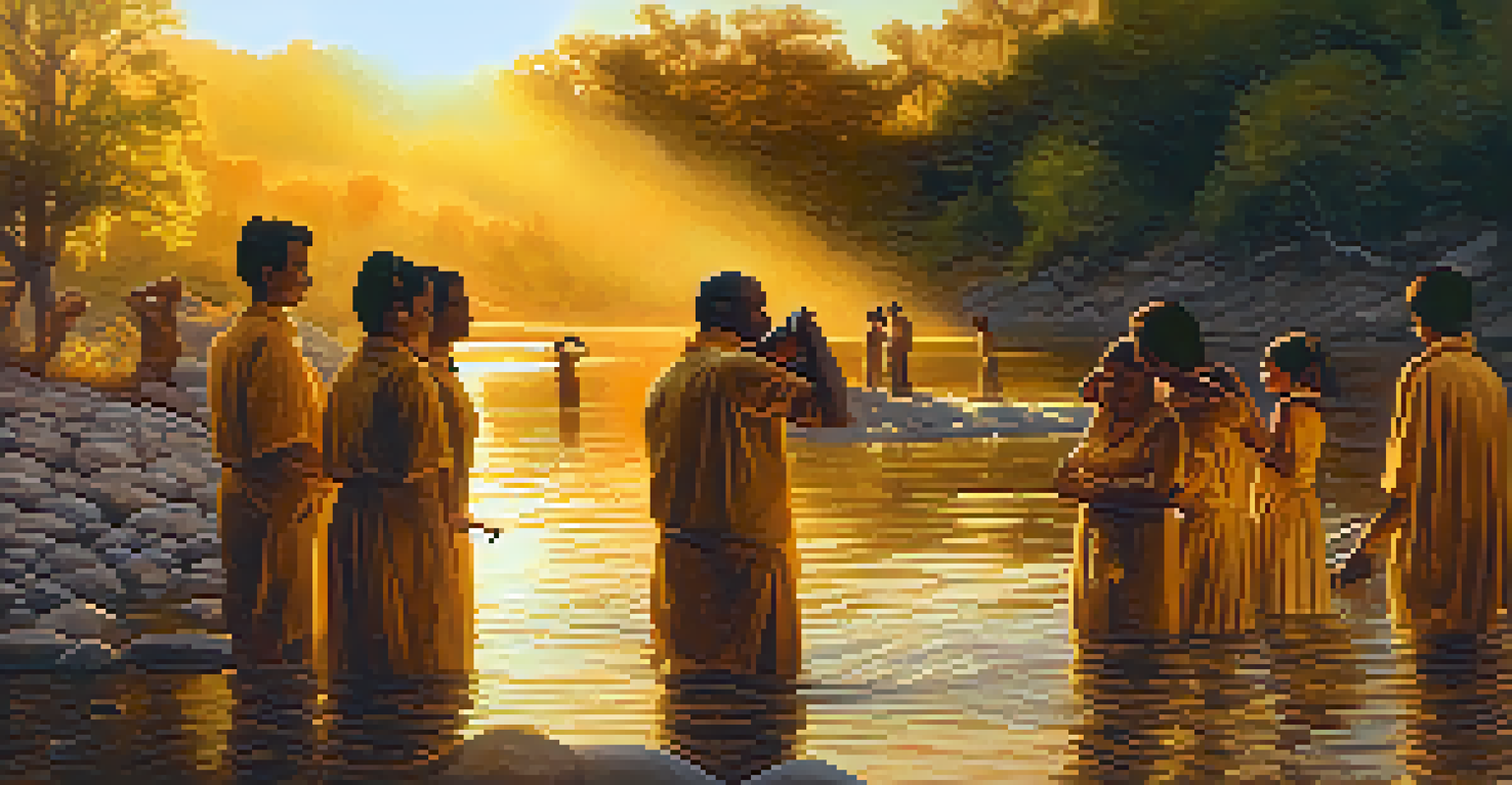 A group of individuals in a water conservation performance at sunset by a river, showcasing community and nature.