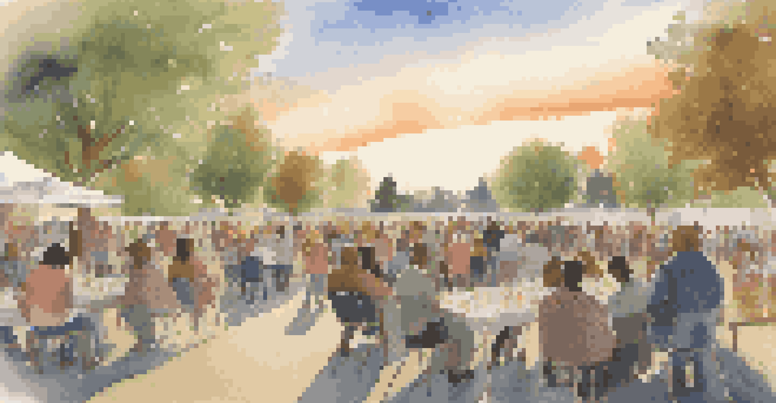 A community gathering for social justice with diverse individuals discussing, set against a warm sunset backdrop.