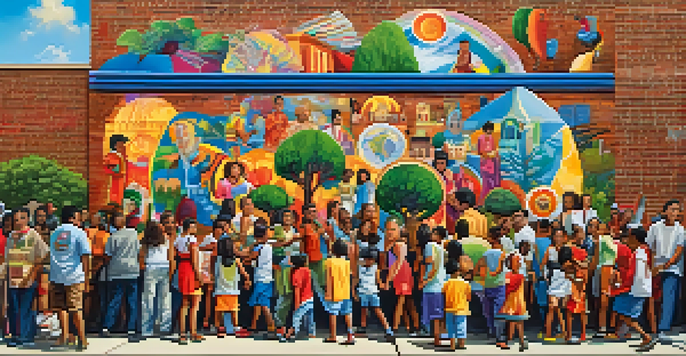 A colorful street mural showcasing cultural diversity with symbols and people from various backgrounds interacting in a lively urban setting.