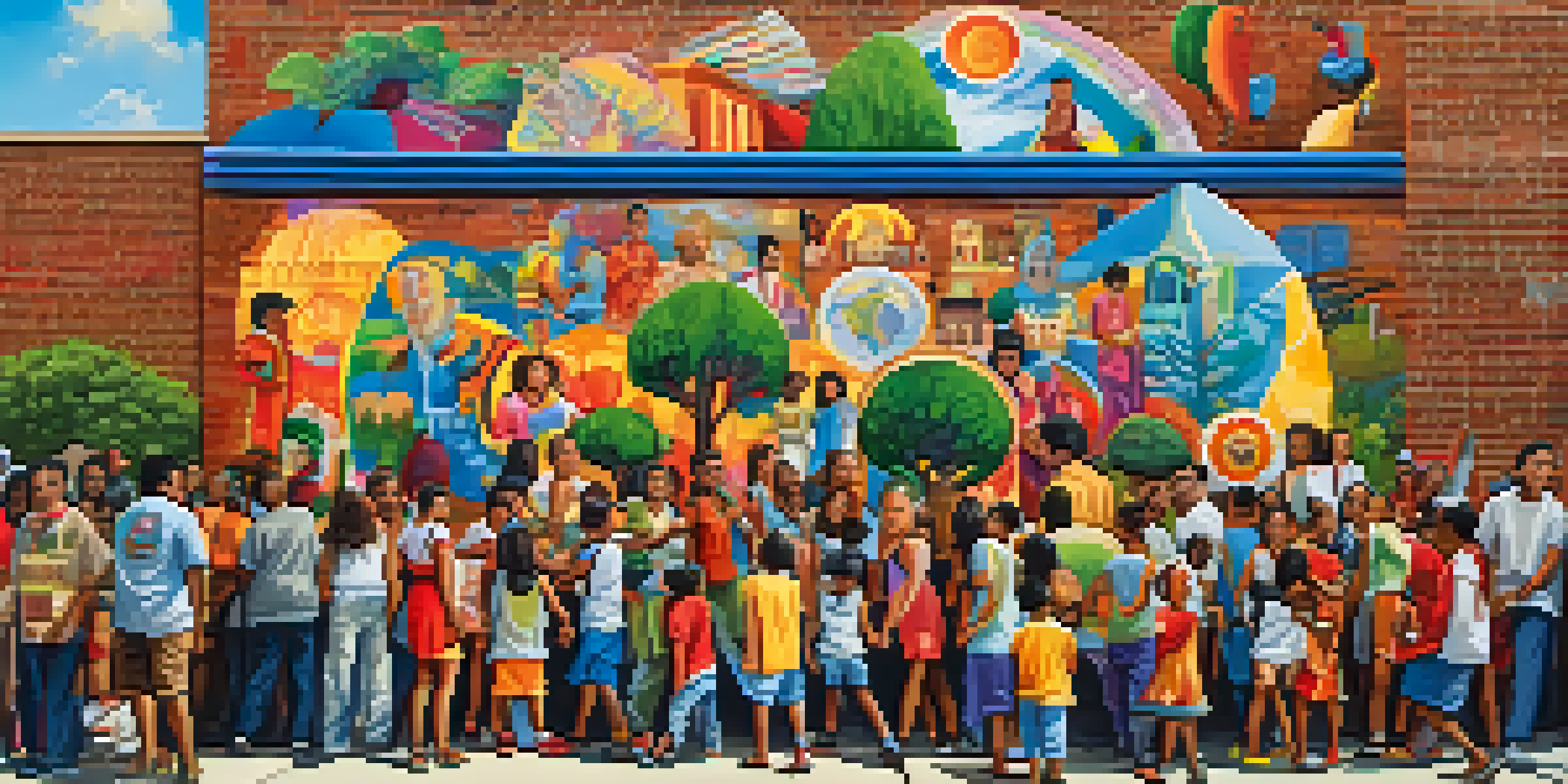 A colorful street mural showcasing cultural diversity with symbols and people from various backgrounds interacting in a lively urban setting.