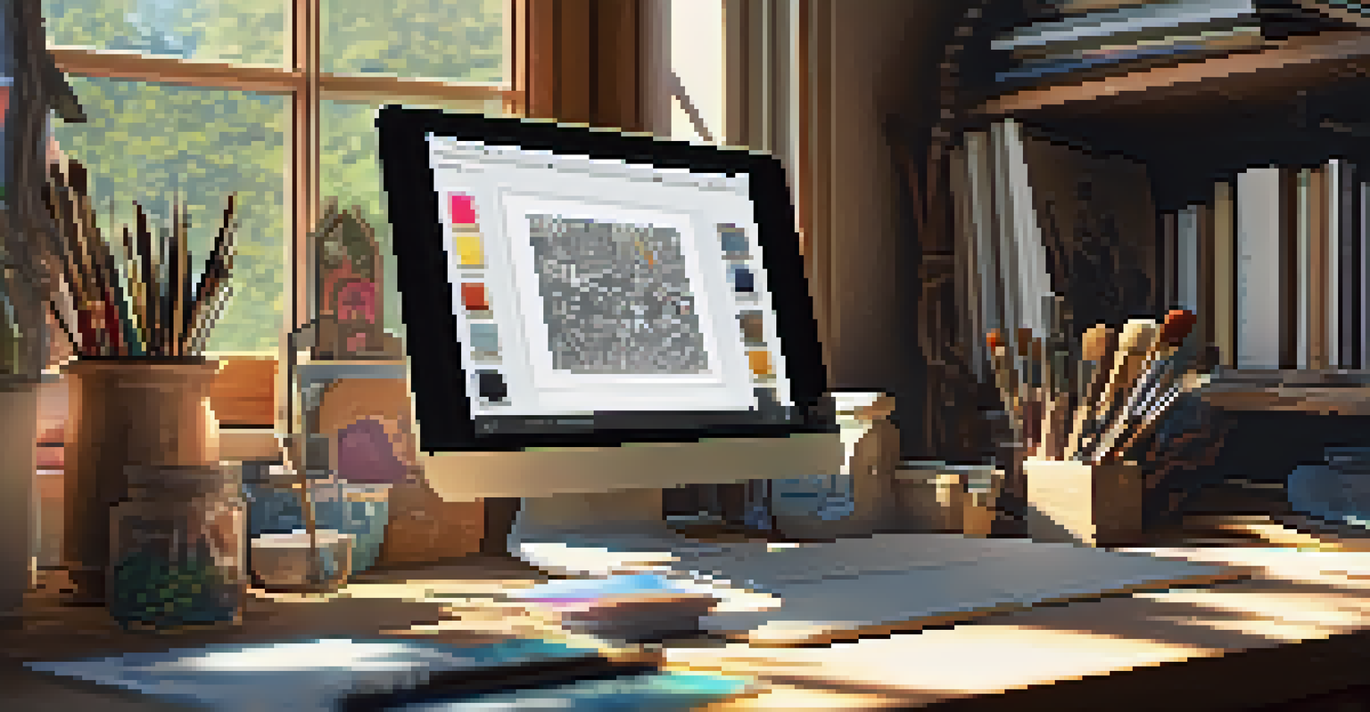 An artist's workspace with a digital tablet showing augmented reality art, surrounded by traditional art supplies and natural light.
