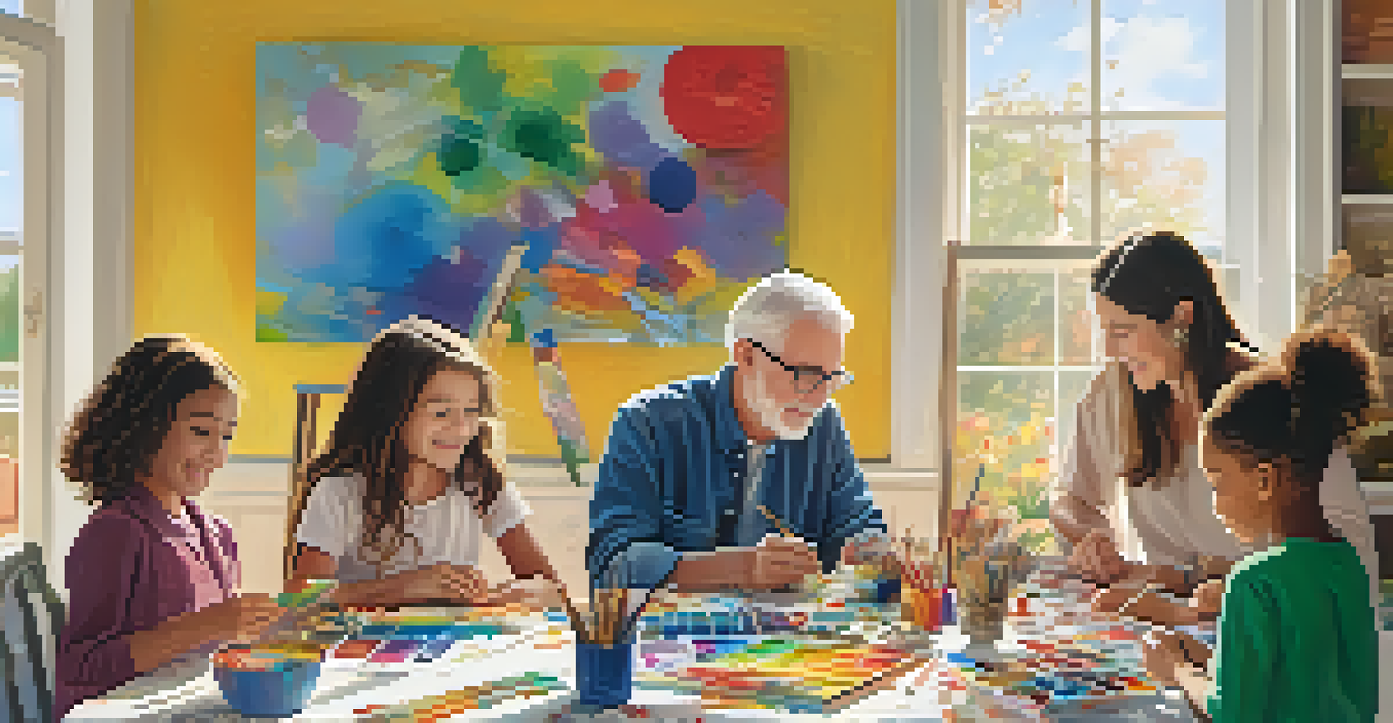 A multigenerational family enjoying a collaborative art project at a table, surrounded by colorful art supplies and previous artworks.