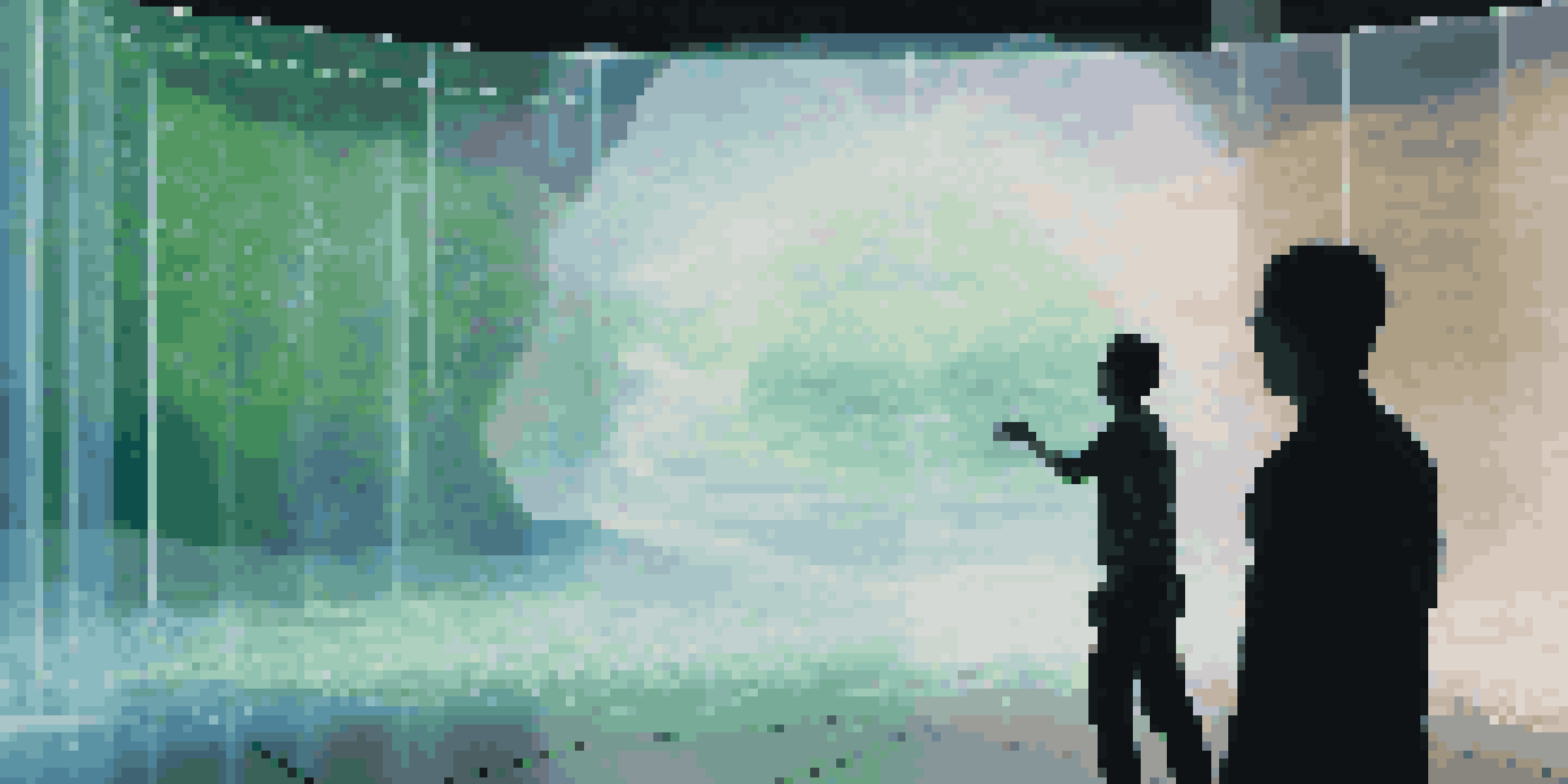 A person interacting with a translucent screen displaying abstract digital visuals, illuminated with blue and green lights.