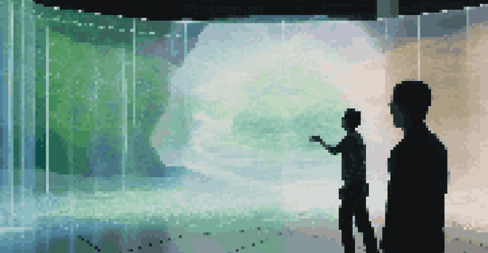 A person interacting with a translucent screen displaying abstract digital visuals, illuminated with blue and green lights.