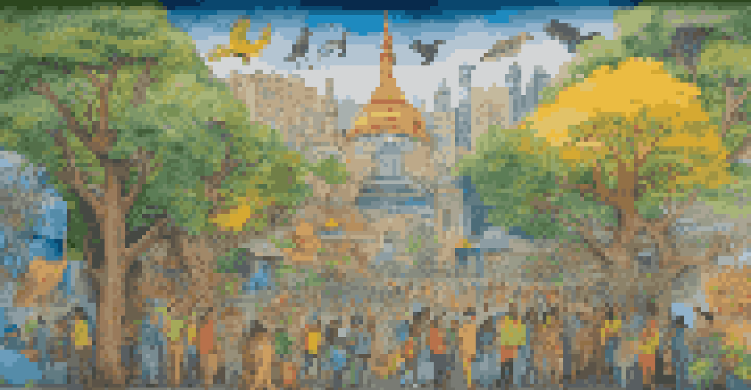 A colorful mural depicting various cultural symbols related to sustainability and environmental conservation in an urban setting.