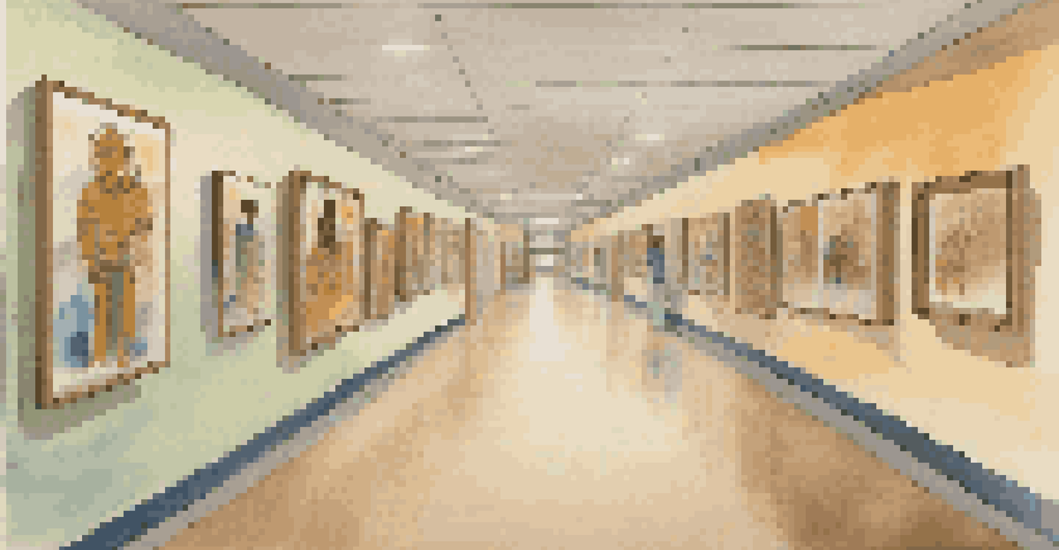 A hospital corridor lined with diverse artwork representing various cultural traditions.
