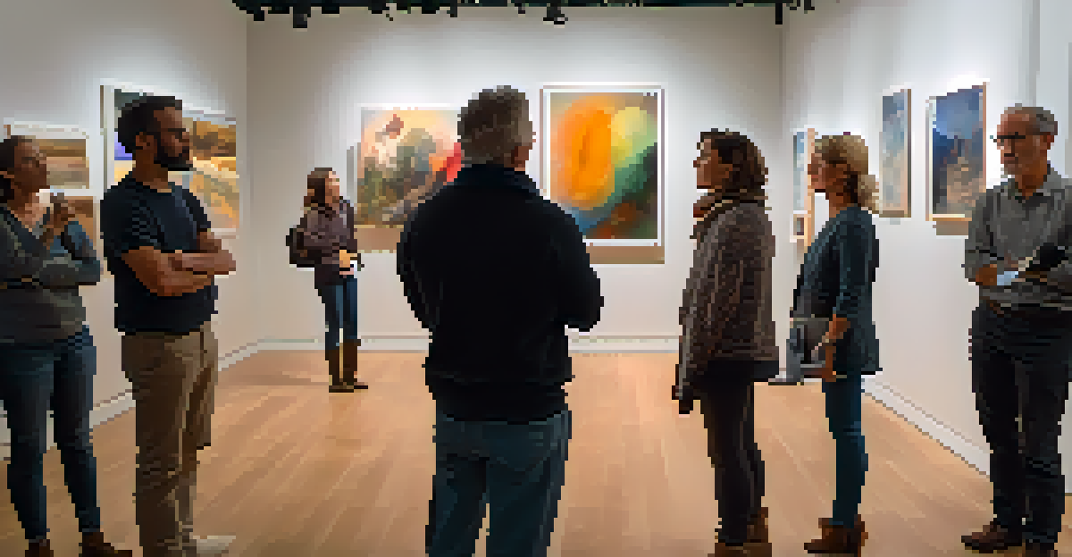 An artist engaged in discussion with an audience about their artwork in a cozy gallery setting.
