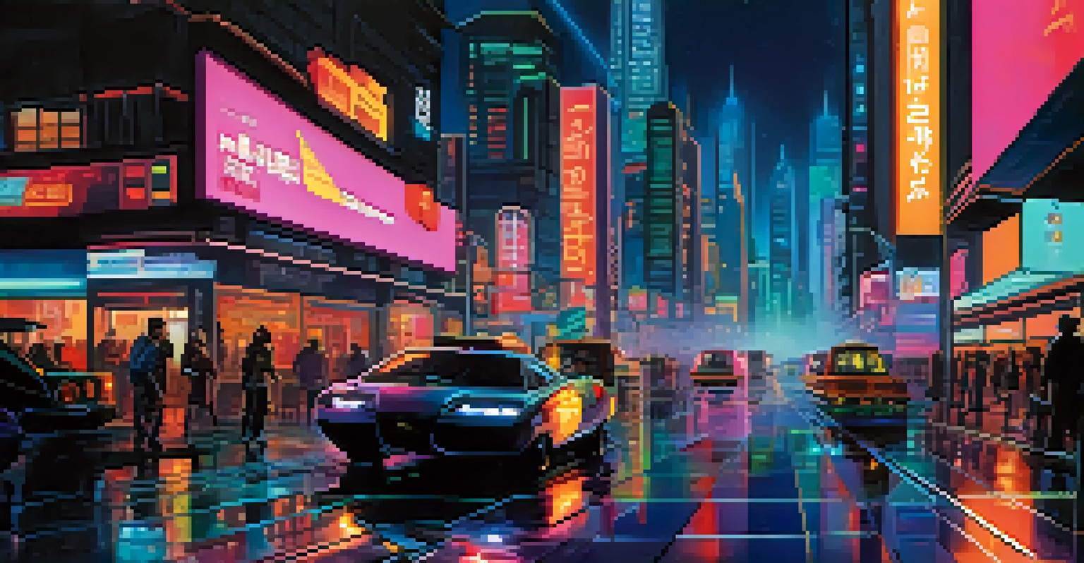 A futuristic cityscape at night with neon lights, towering skyscrapers, glowing billboards, and bustling streets reflecting vibrant colors.