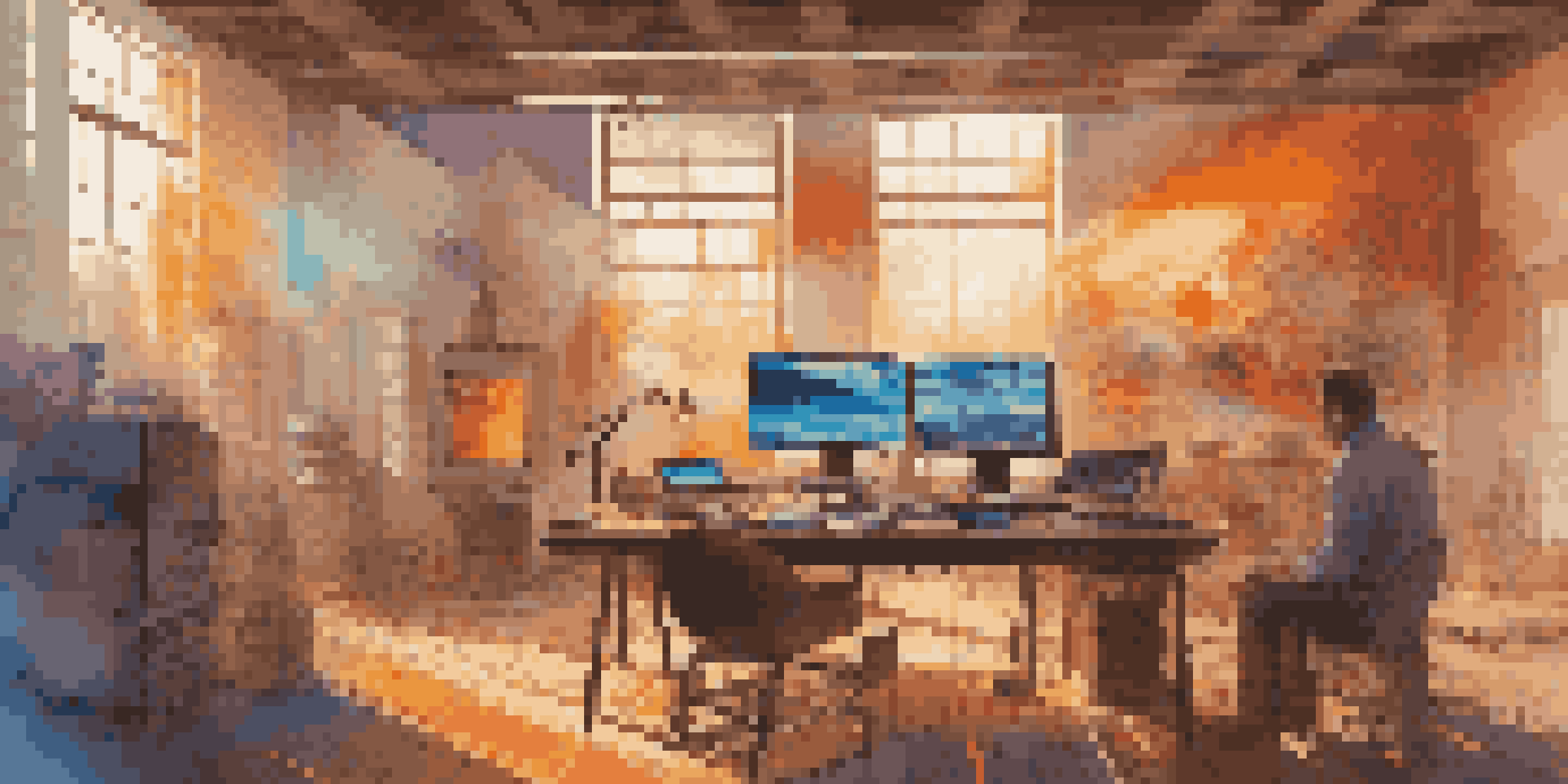 An artist in a bright studio, blending traditional painting with digital screens displaying generative art.