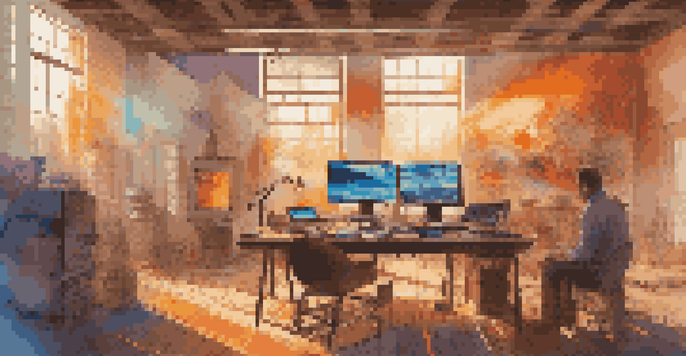 An artist in a bright studio, blending traditional painting with digital screens displaying generative art.