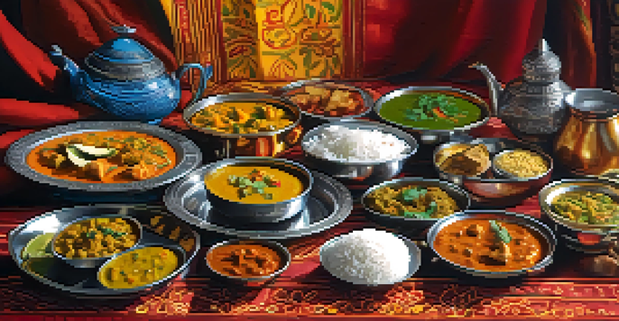An Indian thali with colorful dishes arranged on a traditional metal platter, set on a vibrant patterned tablecloth, illuminated by natural light.
