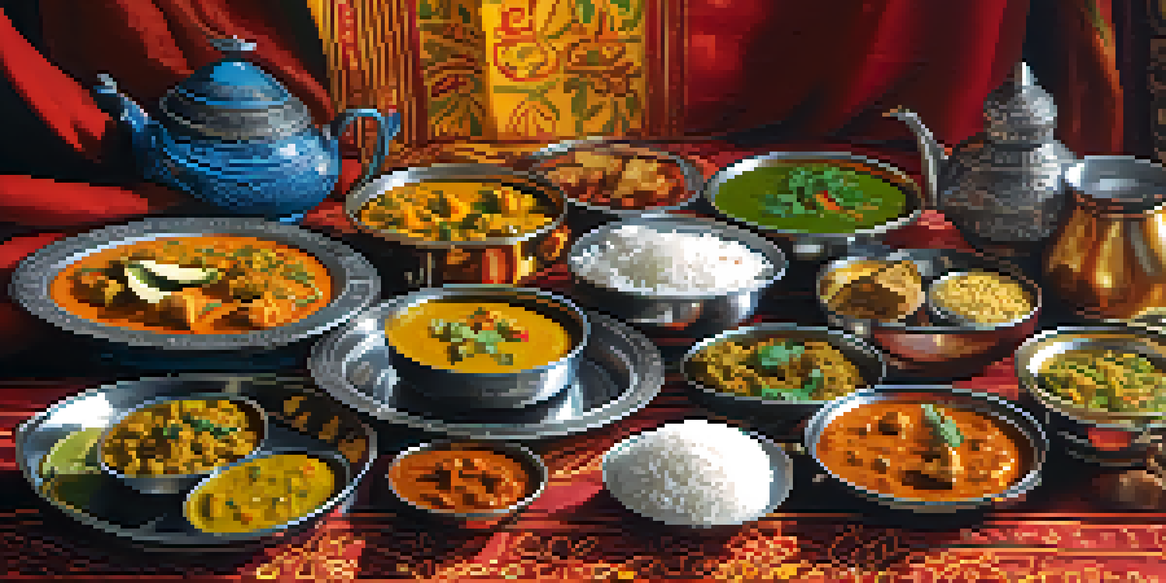 An Indian thali with colorful dishes arranged on a traditional metal platter, set on a vibrant patterned tablecloth, illuminated by natural light.