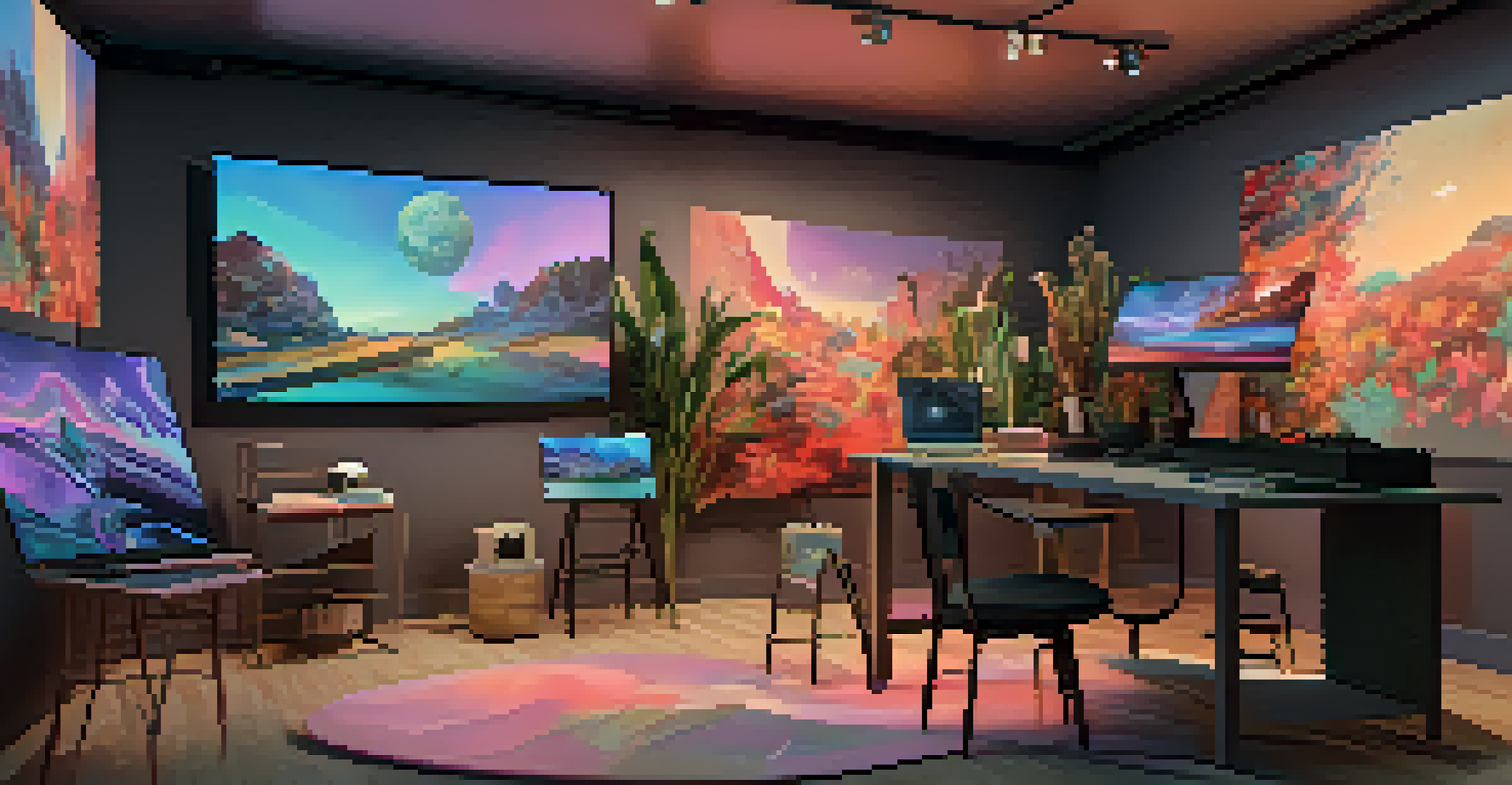 An artist's studio with VR equipment and colorful abstract art displayed on a screen.