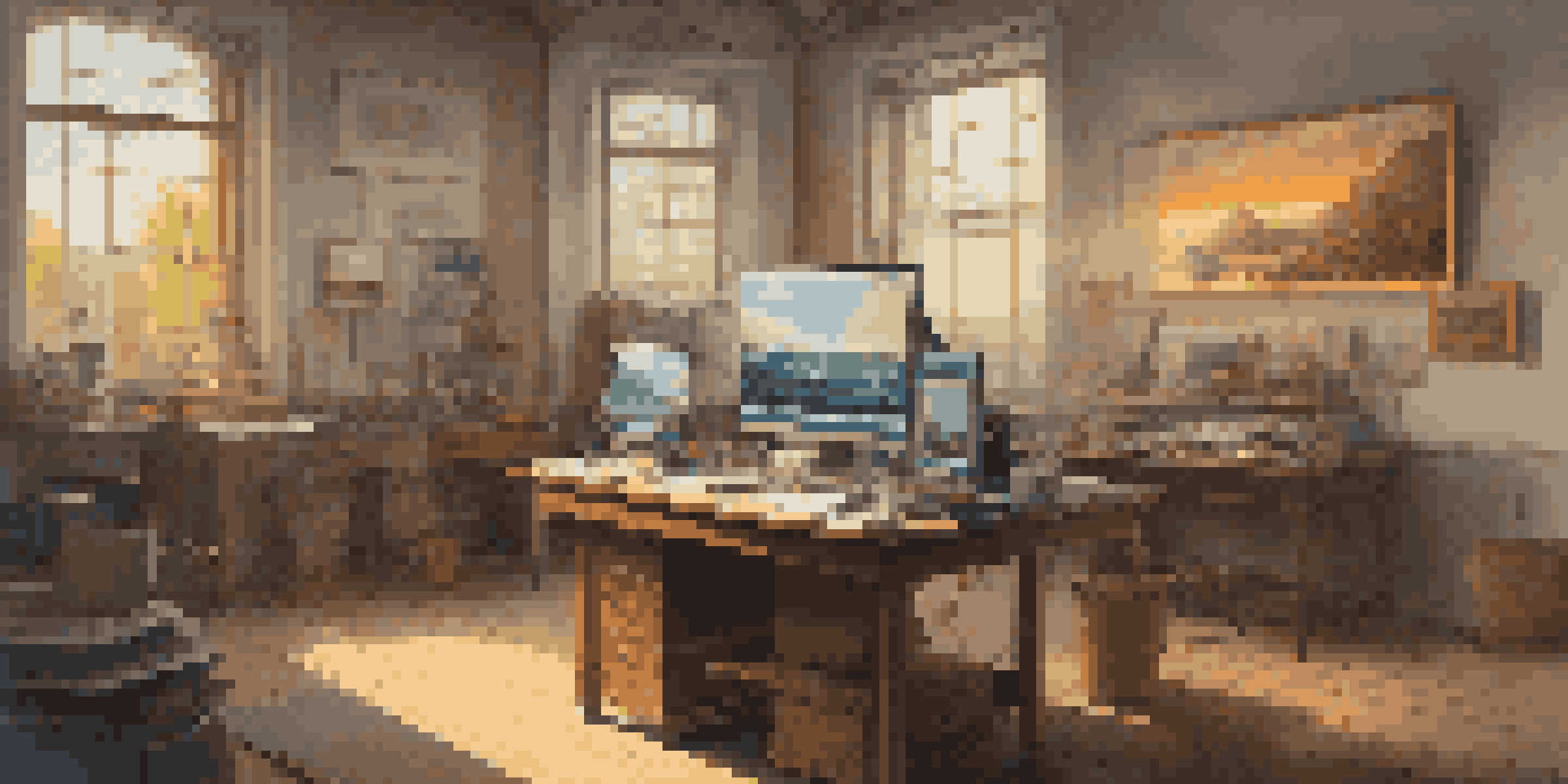 A digital art restoration workspace with a partially restored canvas, advanced technology, and natural light.