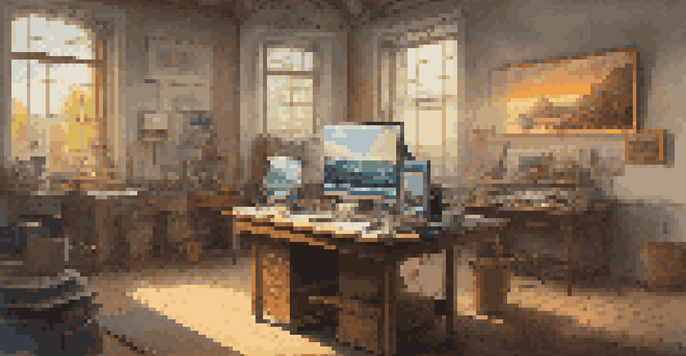 A digital art restoration workspace with a partially restored canvas, advanced technology, and natural light.