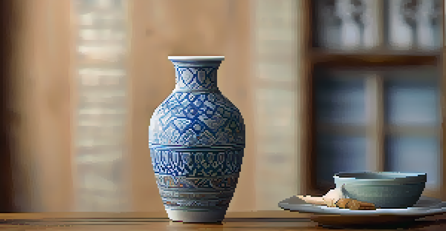 A close-up of a traditional ceramic vase with intricate cultural designs, illuminated by soft natural light on a rustic table.
