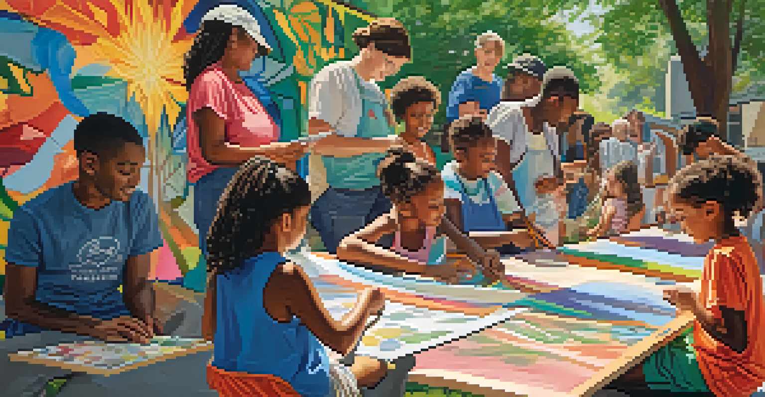 A community mural project where diverse residents collaborate on a large mural, with sunlight filtering through trees and vibrant colors.