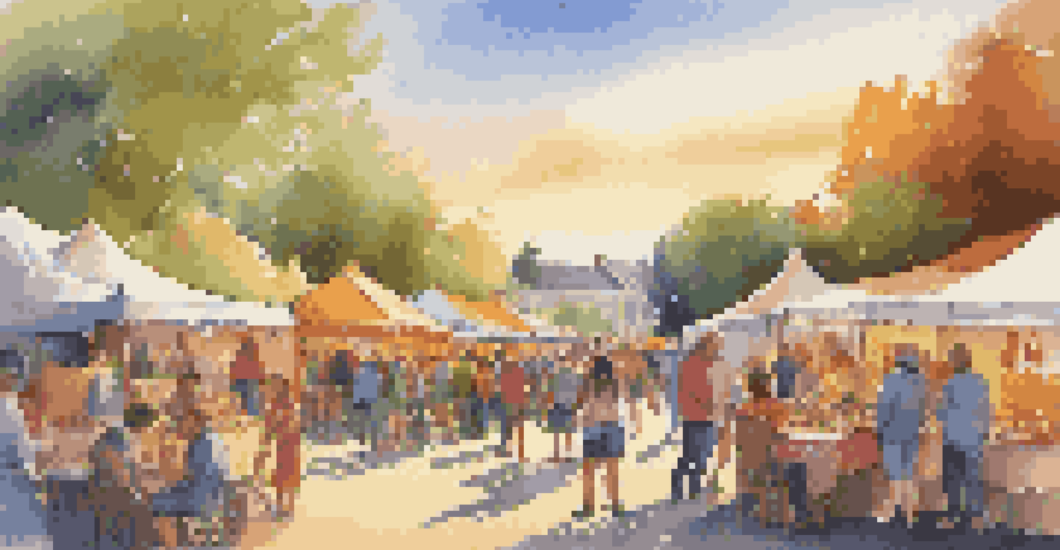 A lively community festival with local artists showcasing their work, colorful tents, and visitors enjoying the atmosphere during sunset.