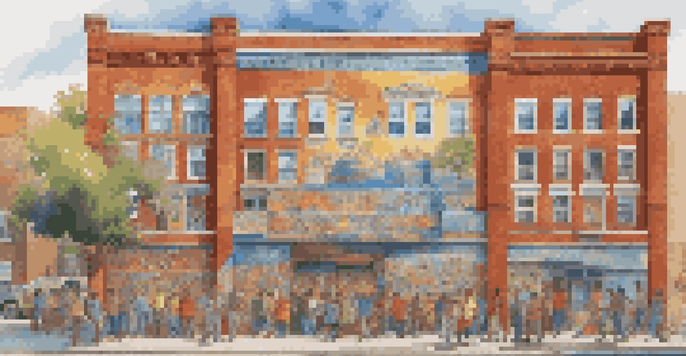 A colorful mural showing a diverse community engaged in activities, with bright colors and intricate details on a brick wall.