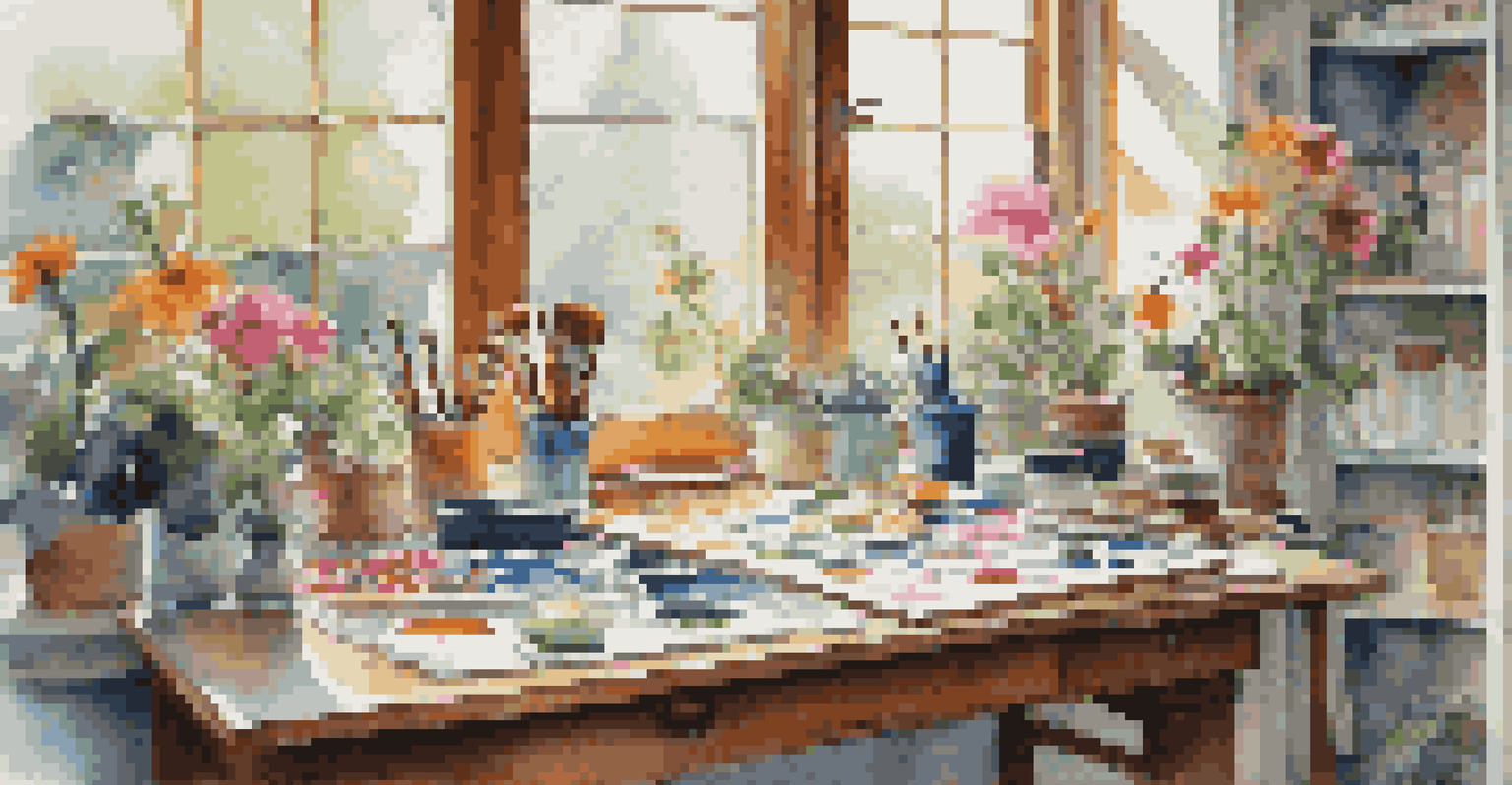 An artist's workspace with natural light, art supplies, and a view of a colorful garden through large windows.