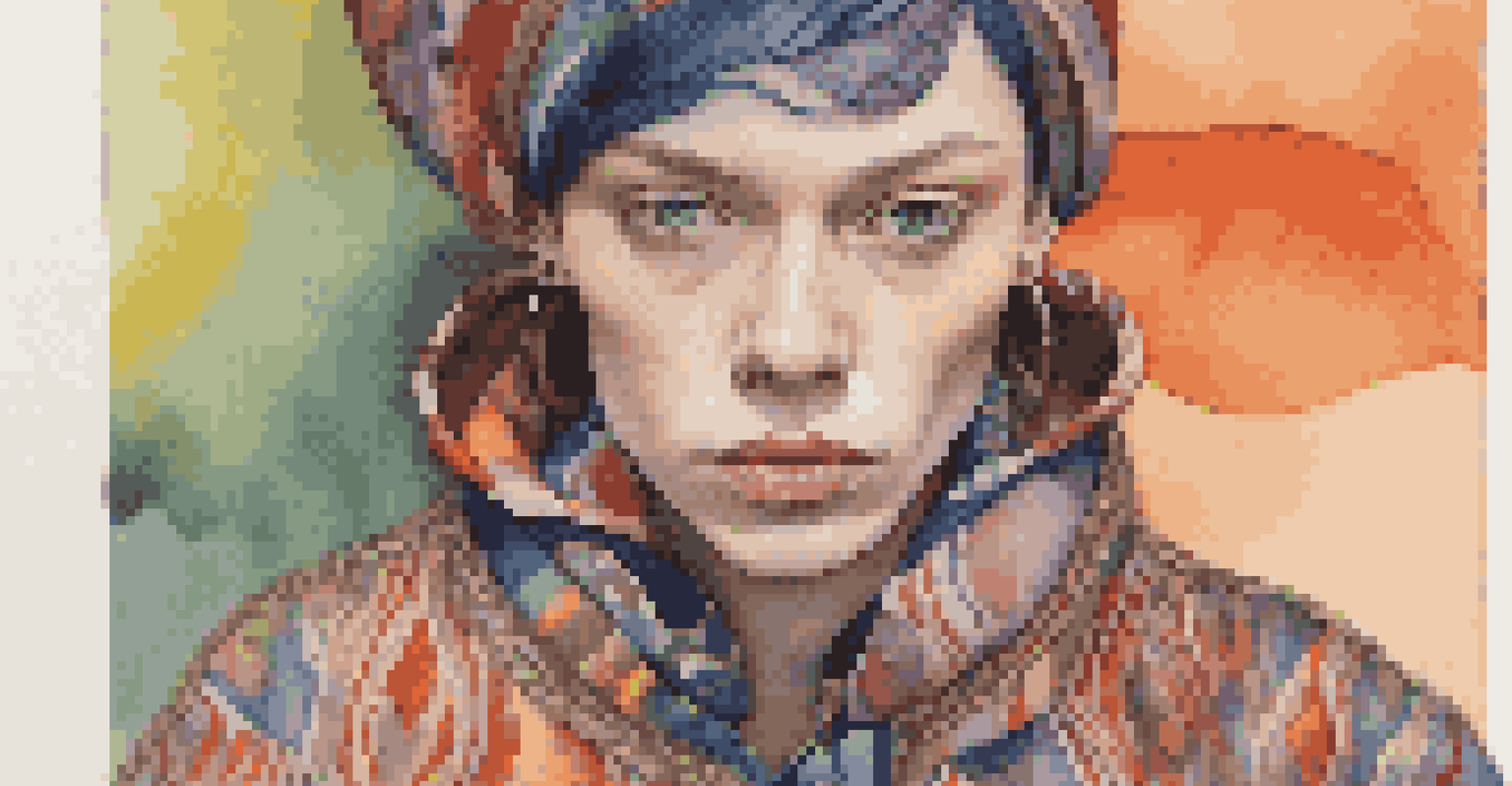 A close-up portrait of a person wearing a colorful and patterned outfit, showcasing fluid gender identity and confidence.