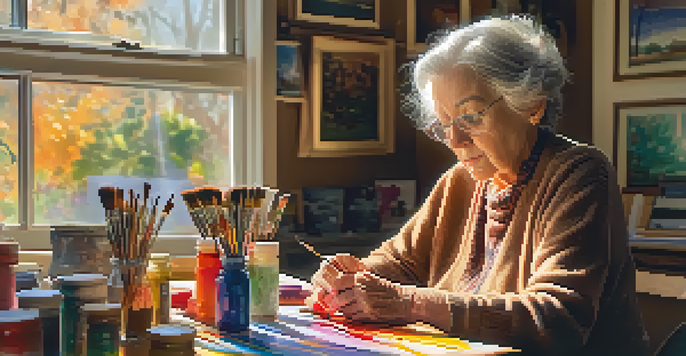 An elderly woman painting a vibrant landscape in a sunlit art studio, with colorful paints and brushes around her.