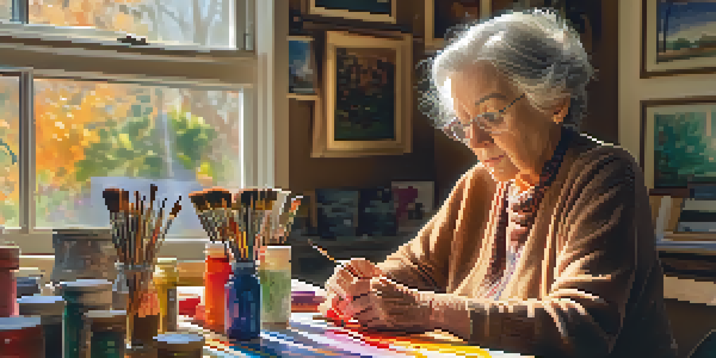 An elderly woman painting a vibrant landscape in a sunlit art studio, with colorful paints and brushes around her.