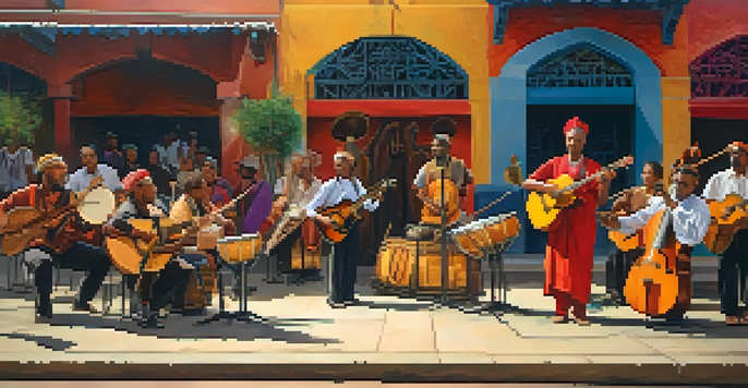 A lively street performance with diverse musicians playing traditional instruments, surrounded by an enthusiastic audience, bathed in warm sunlight.