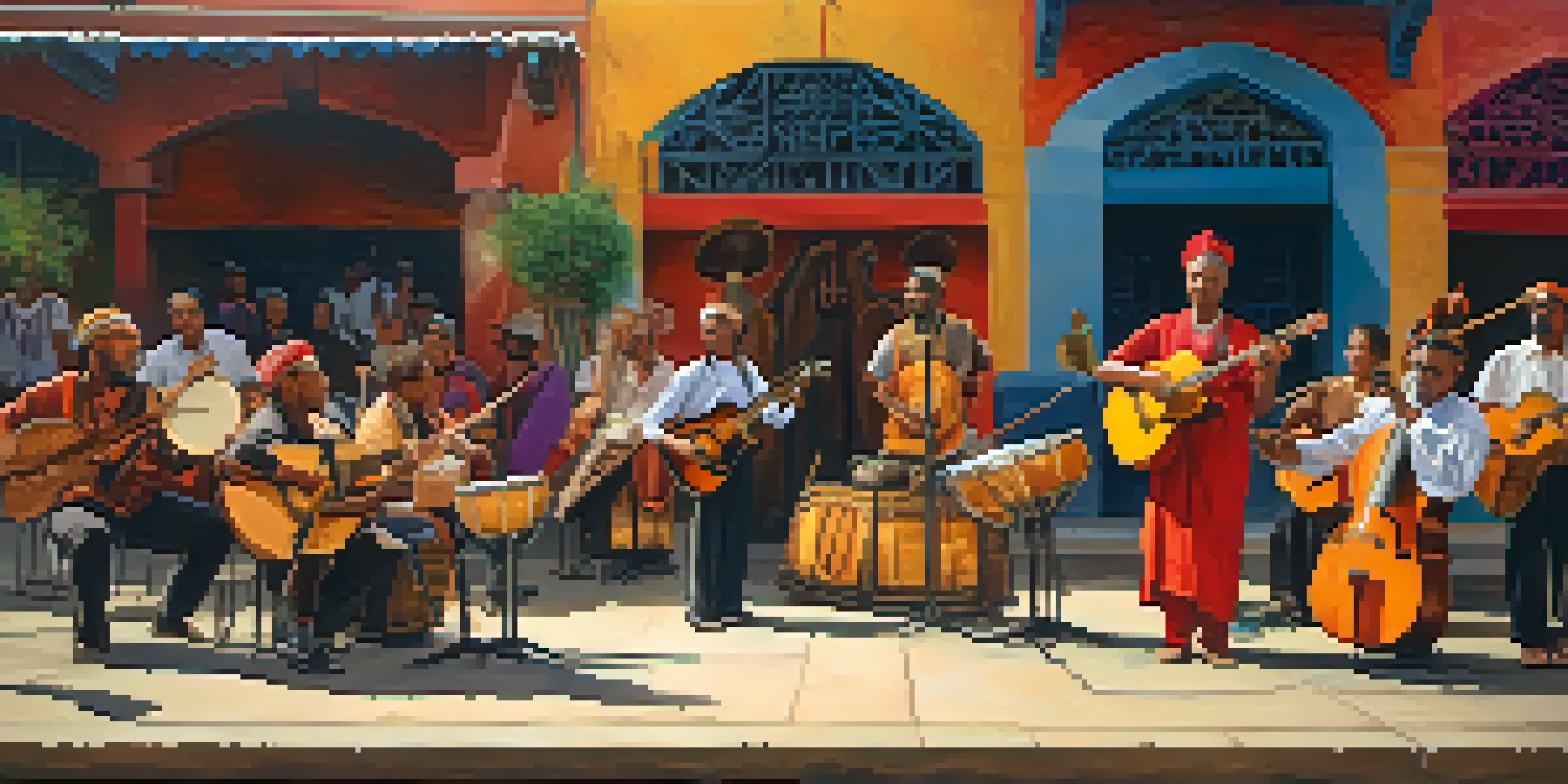 A lively street performance with diverse musicians playing traditional instruments, surrounded by an enthusiastic audience, bathed in warm sunlight.