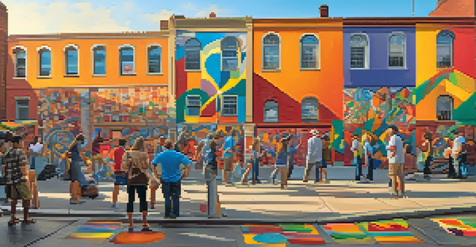 A diverse group of artists working on a colorful mural with a sunset in the background.