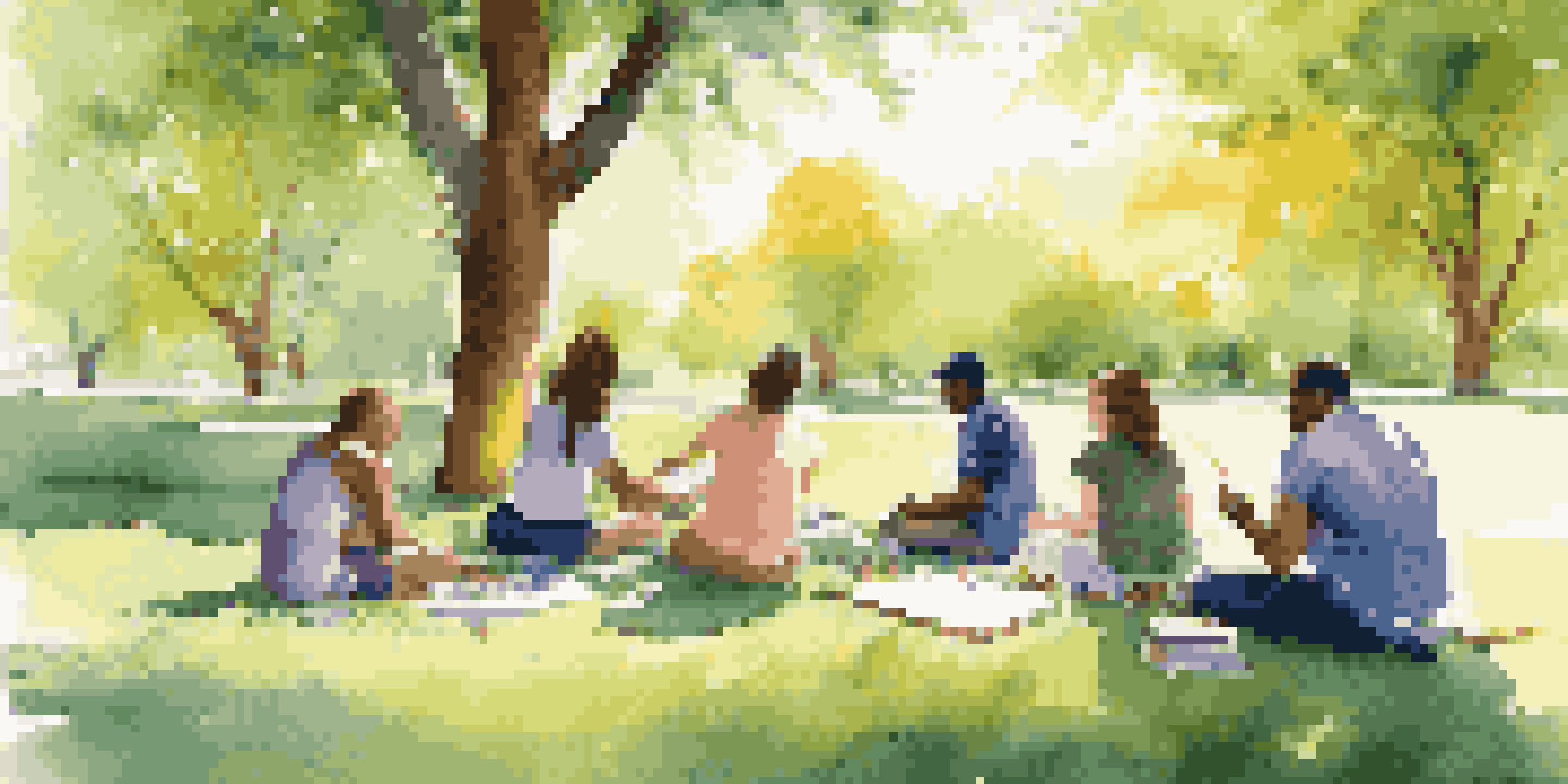 A peaceful outdoor art therapy session with people of different backgrounds creating art on a sunny day.