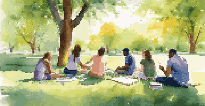 A peaceful outdoor art therapy session with people of different backgrounds creating art on a sunny day.