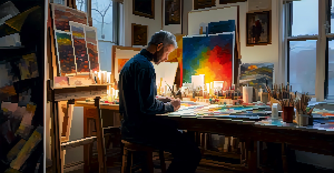 An artist in a dimly lit studio creating emotionally charged art, with sunlight streaming through a window.