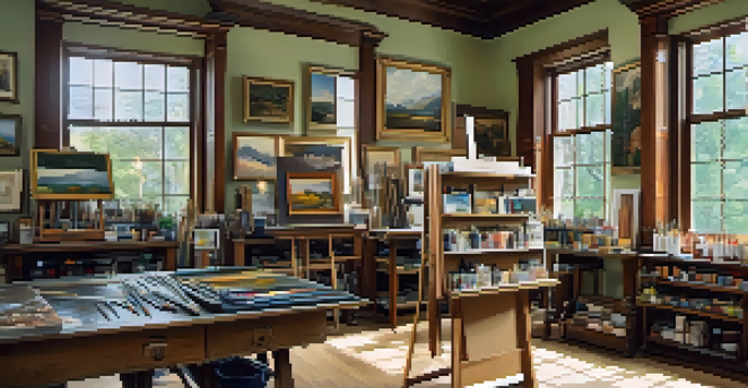 A bright and organized art restoration studio with natural light, featuring an easel with a partially restored landscape painting and shelves of art supplies.