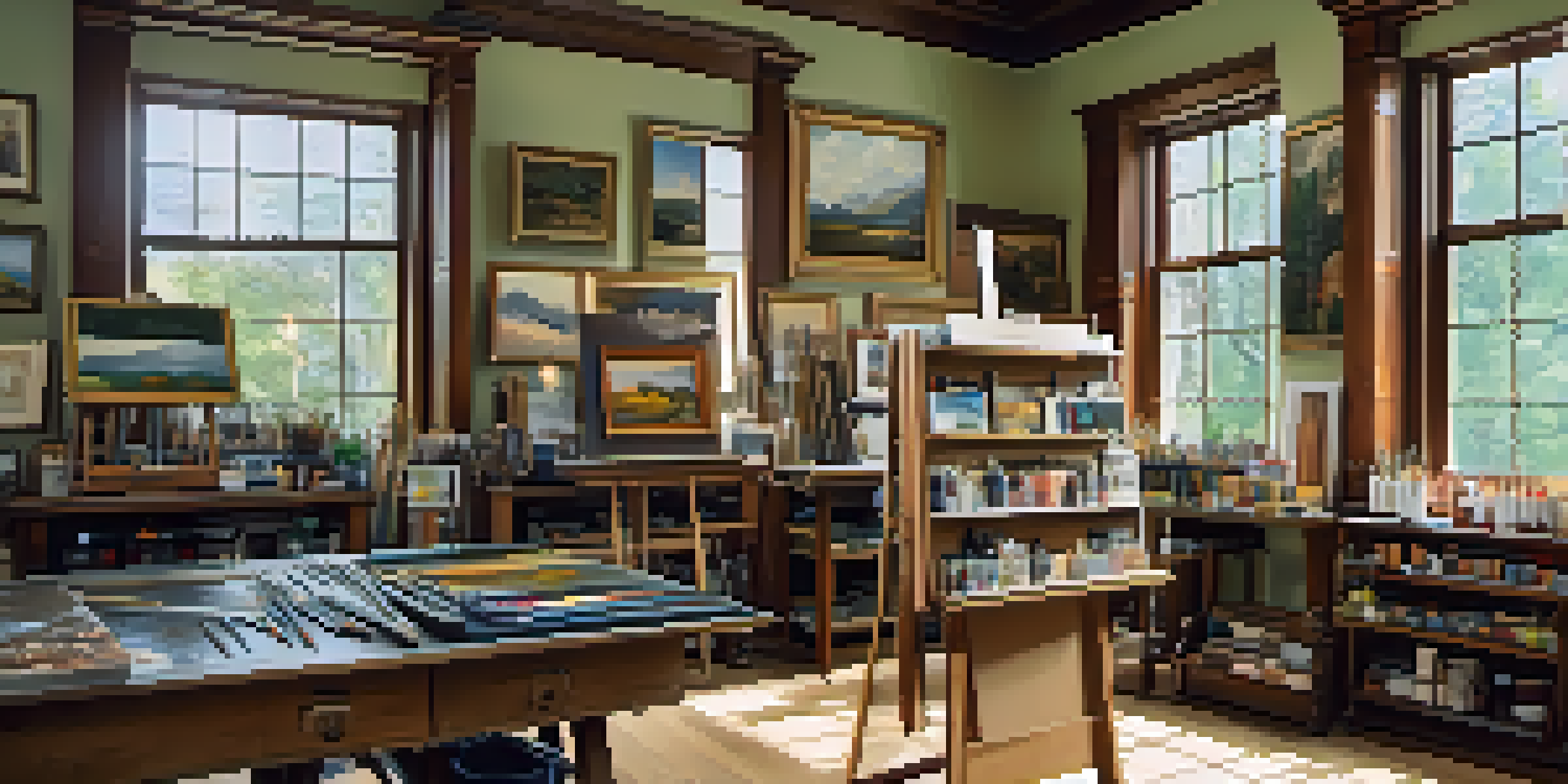 A bright and organized art restoration studio with natural light, featuring an easel with a partially restored landscape painting and shelves of art supplies.