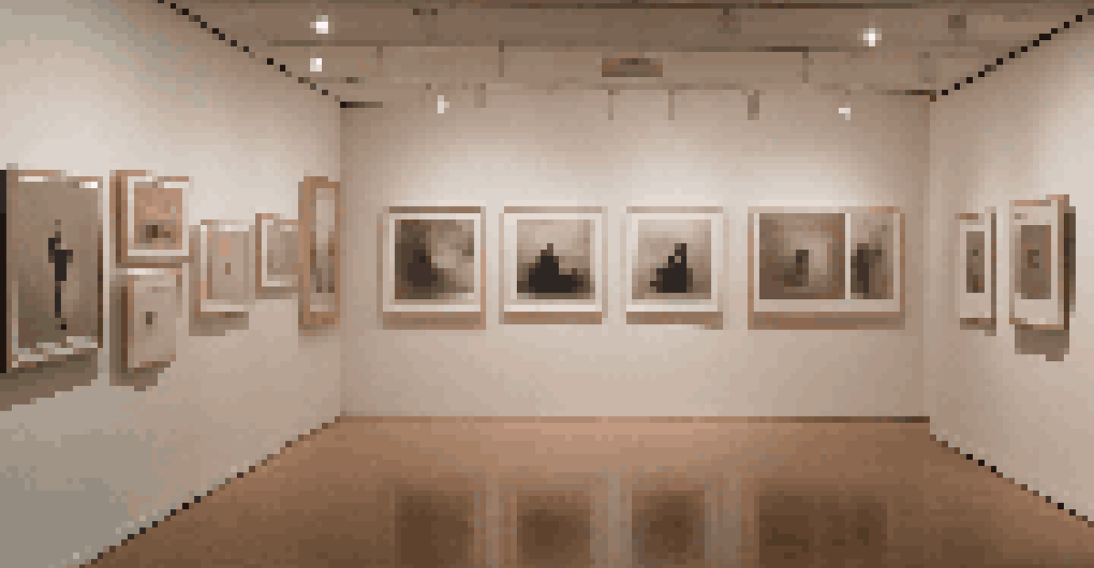 An art gallery displaying framed photographs of gendered experiences, illuminated by soft lighting.
