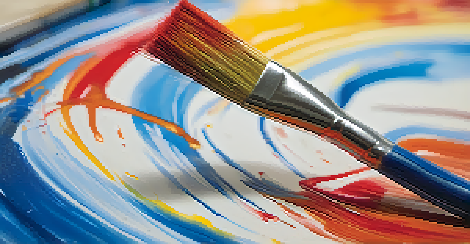 A close-up of a paintbrush applying colorful paint on a canvas with vibrant colors surrounding.
