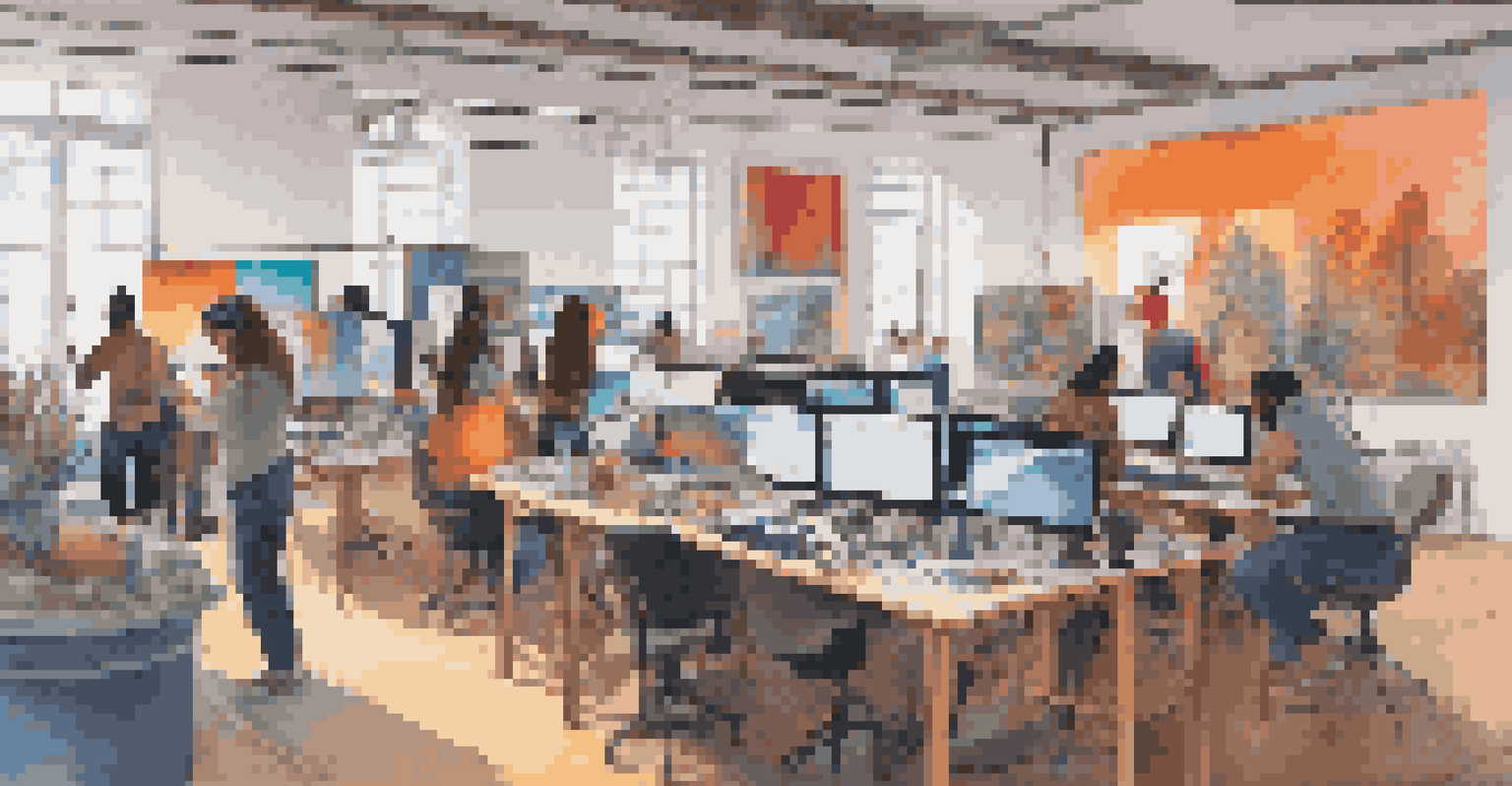 An inclusive digital art studio where artists from different cultures collaborate on colorful artwork.