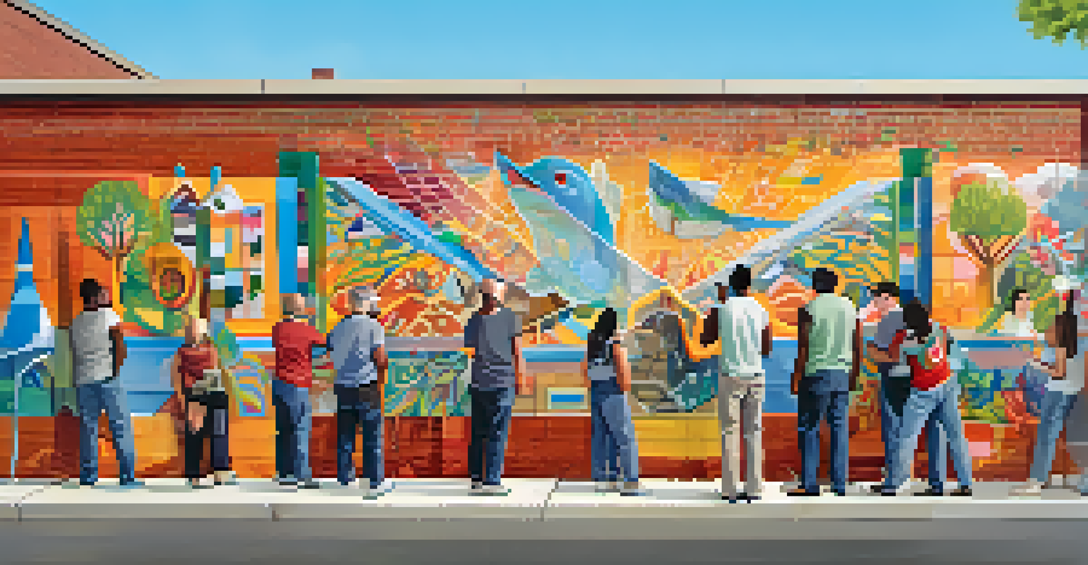 A diverse group collaborating on a vibrant community mural, showcasing personal stories of healing and resilience.