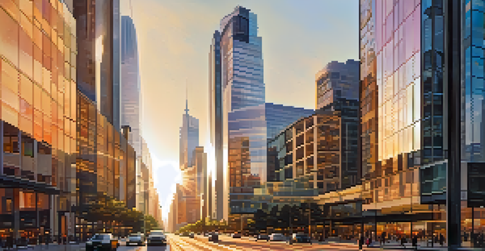 A wide-angle view of a modern skyscraper at sunset, reflecting warm sunlight and surrounded by a bustling city scene.