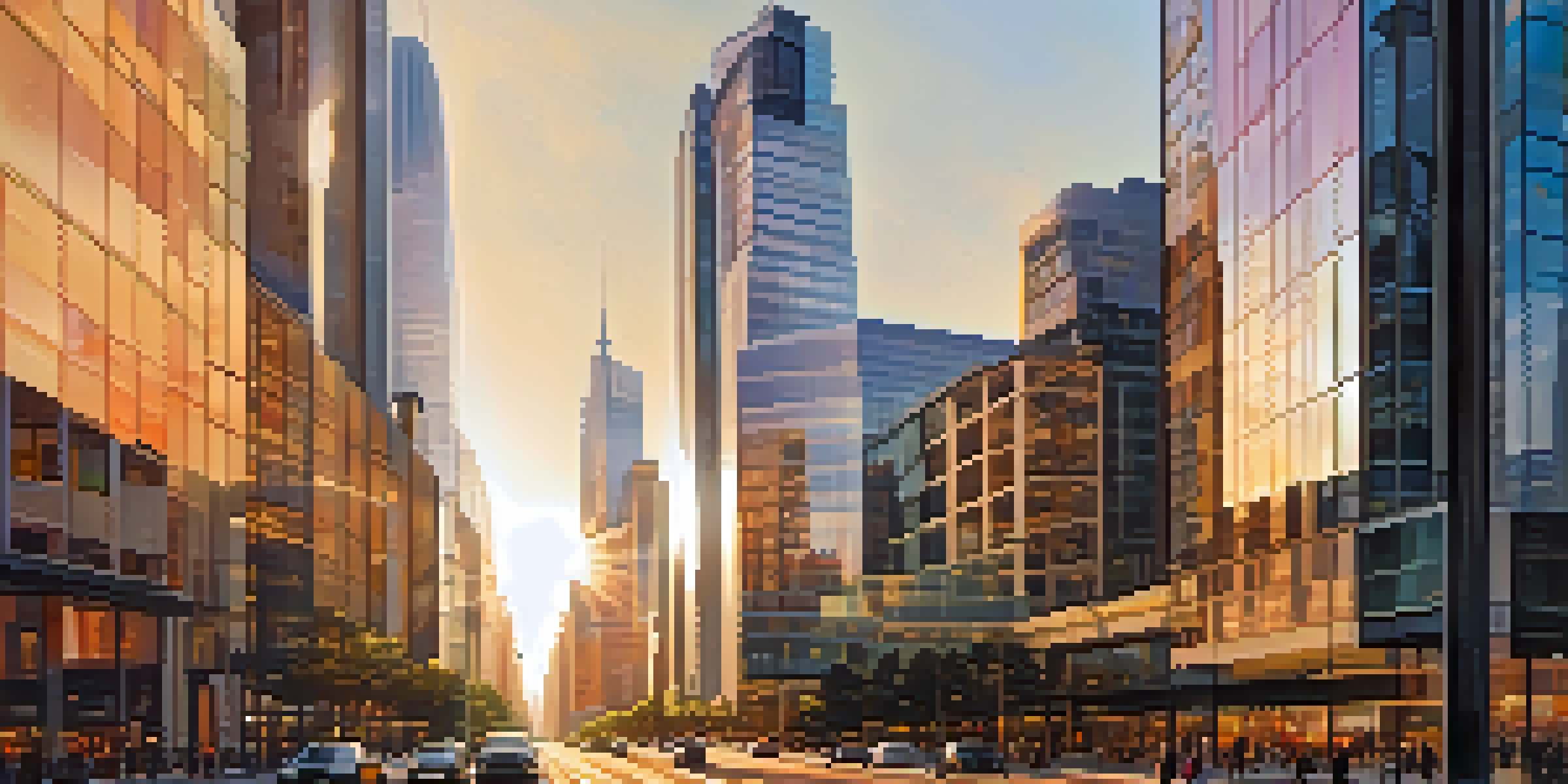 A wide-angle view of a modern skyscraper at sunset, reflecting warm sunlight and surrounded by a bustling city scene.