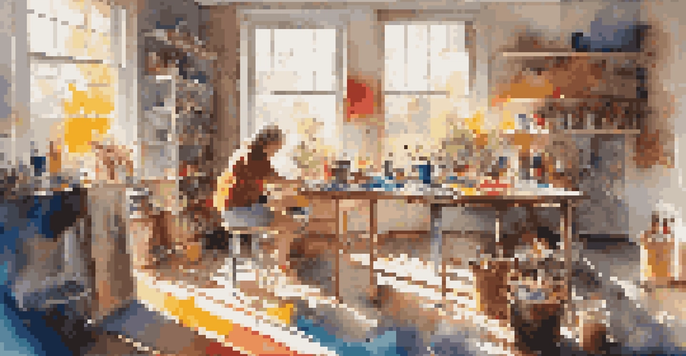An artist in a colorful studio experimenting with paints and materials, sunlight streaming through windows.