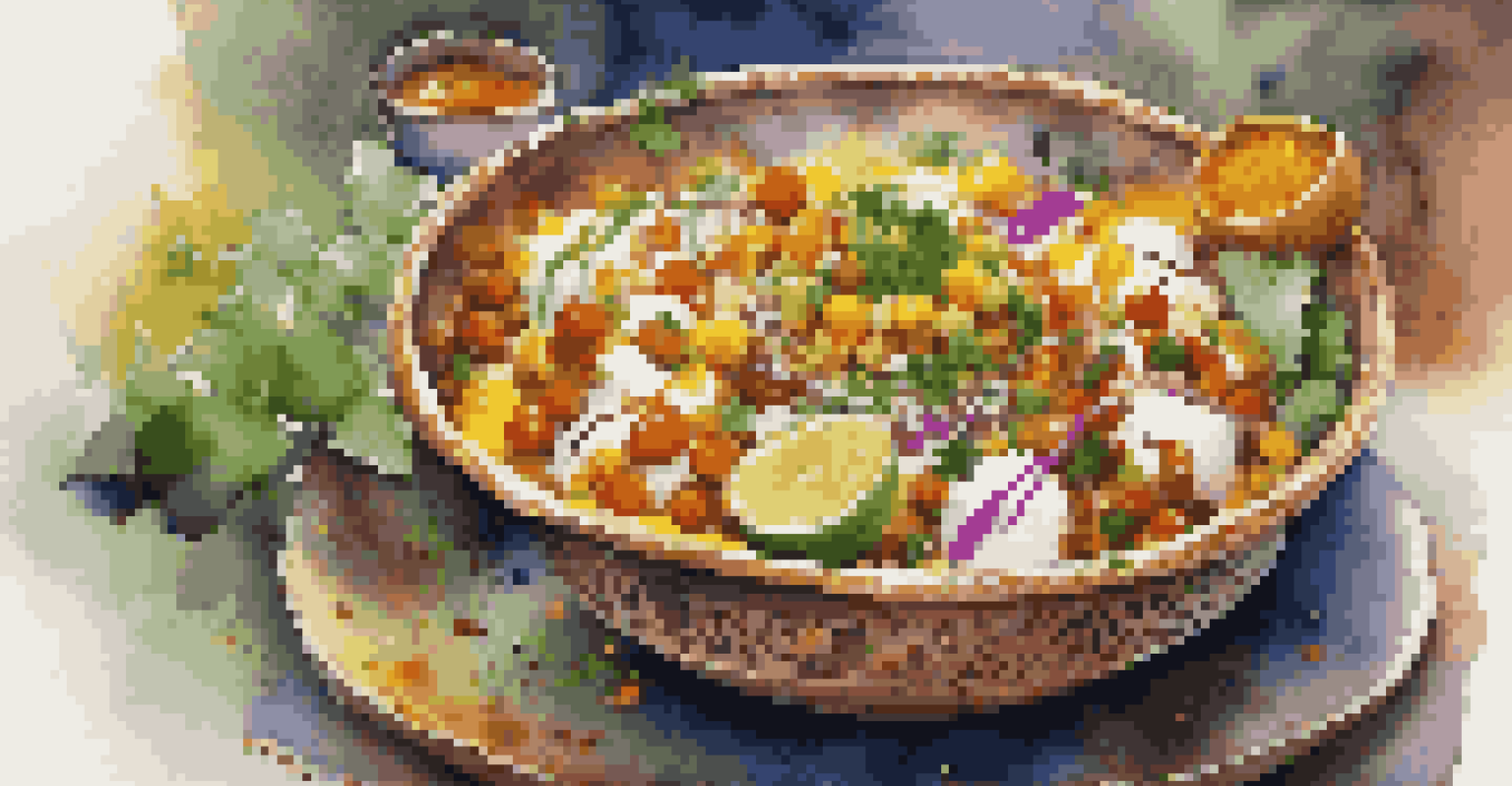 A close-up of a vibrant plate of Indian chaat, showcasing its colorful ingredients and garnishes.